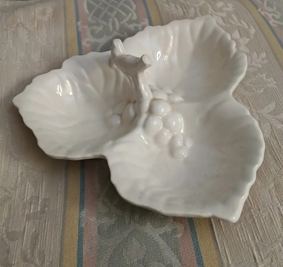 Antique Candy Dish Vintage Ivory White 3 Section Grape Leaves Stem Handle 1930s