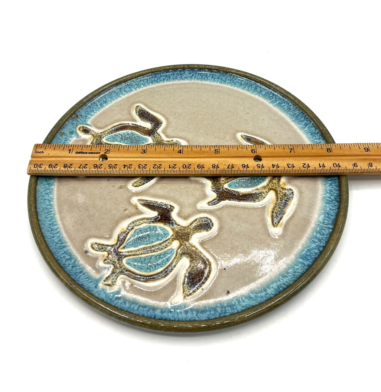 Turtle Art Pottey 8” Plate Blue Carved Sea Turtles by Eric Hertz Signed