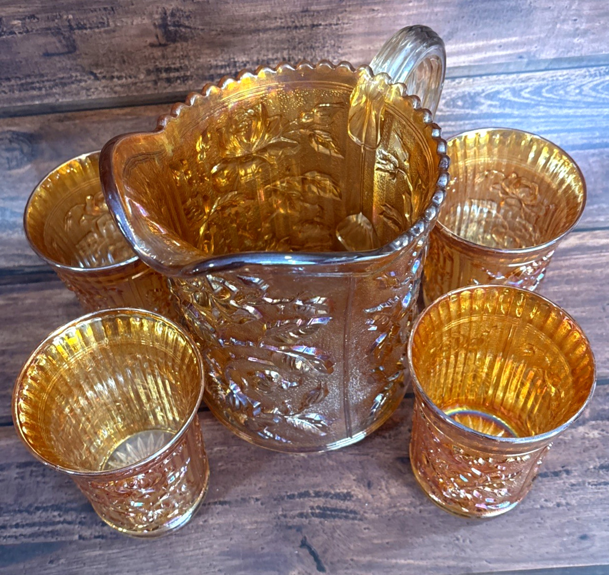 Vintage Imperial Marigold Carnival Glass Water Pitcher With Set of Four Glasses
