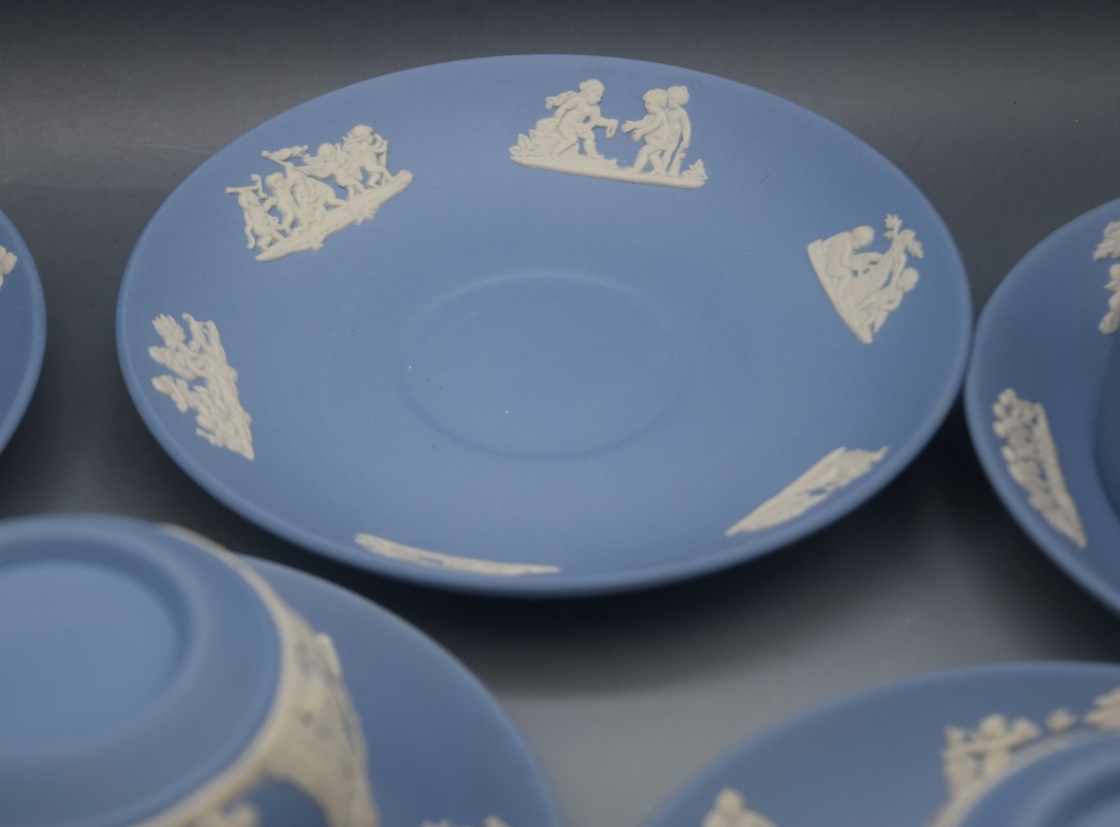 6 SETS WEDGWOOD BLUE JASPERWARE CUPS AND SAUCERS NEOCLASSICAL MYTHOLOGY