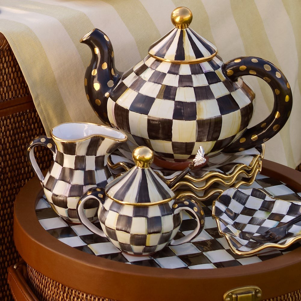 Mackenzie Childs Courtly Check ceramic sugar bowl & lid USA 8 oz. 5.5″ H New!