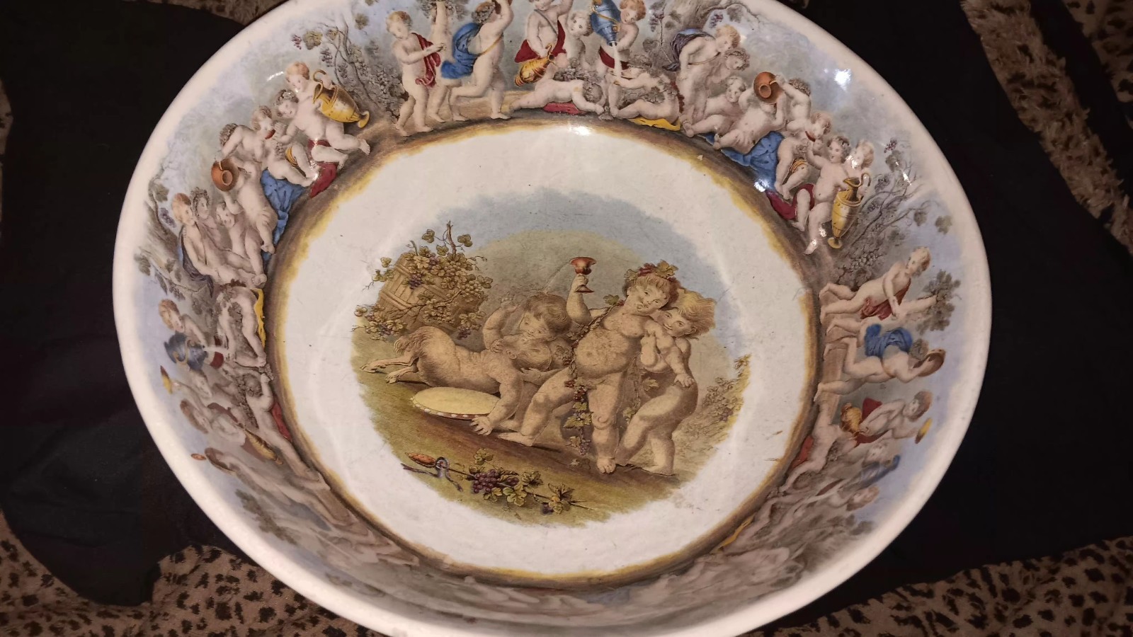 Huge Victorian Ironstone Punch Bowl Bachus Satyr Fawn And Puttis Neoclassical