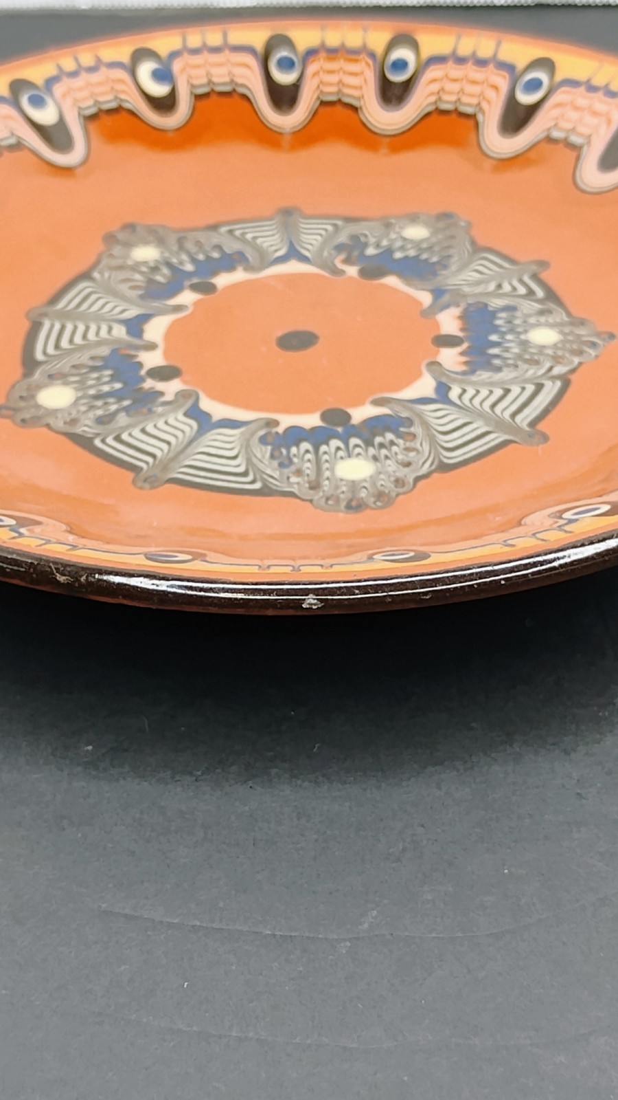 Vintage Redware Feather Peacock Eye Pottery Plate Troyan Bulgaria