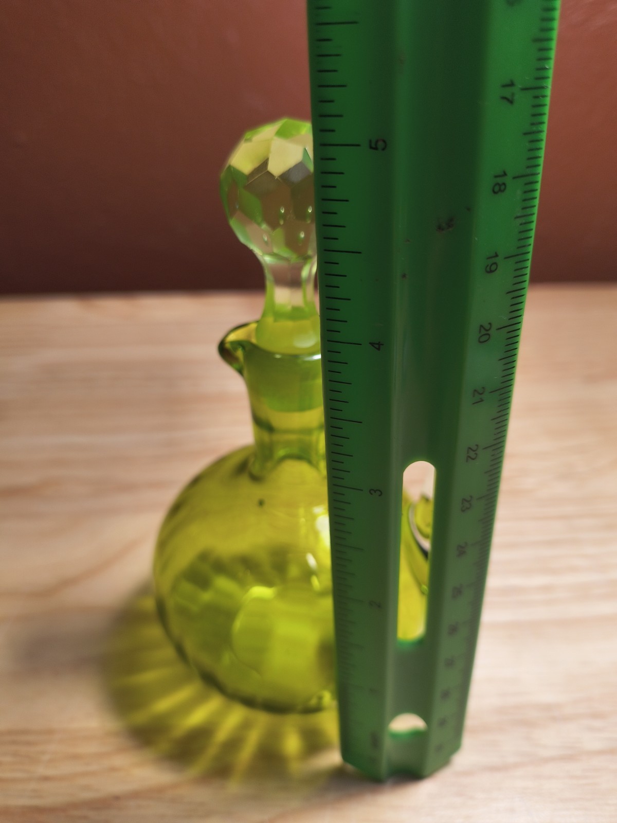 Vintage Olive Green Glass Cruet W/Stopper Glowing Stopper