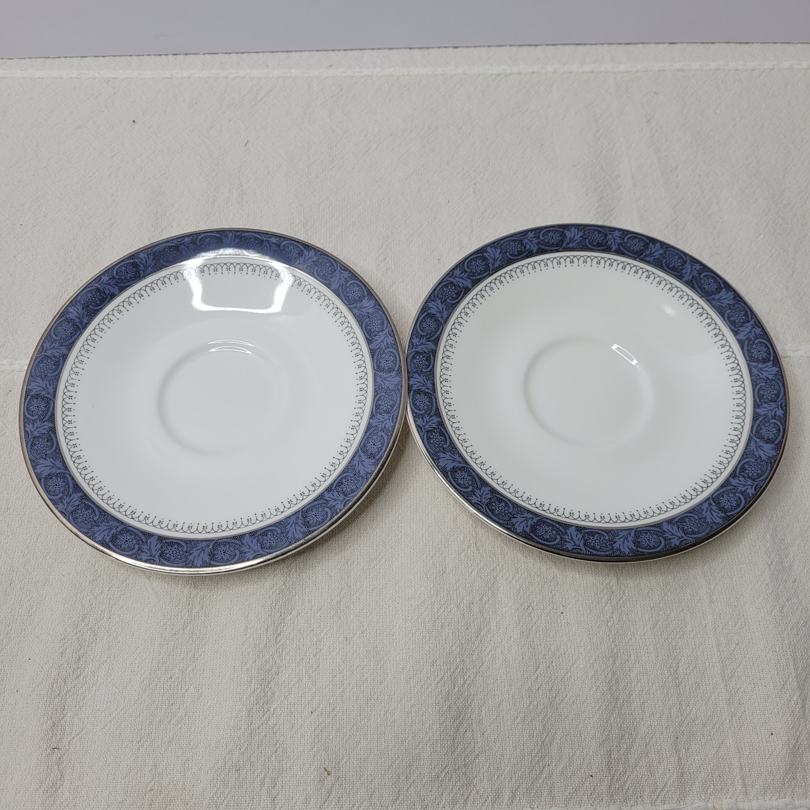 Royal Doulton Sherbrooke Saucers Bone China Set of 2 6″ White Blue Platinum