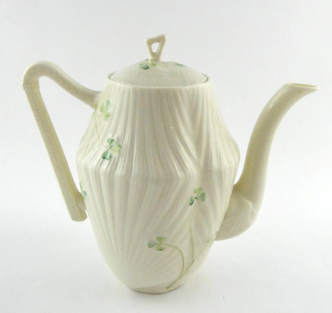 Belleek Ireland Pottery Harp Shamrock Coffee Pot with Lid