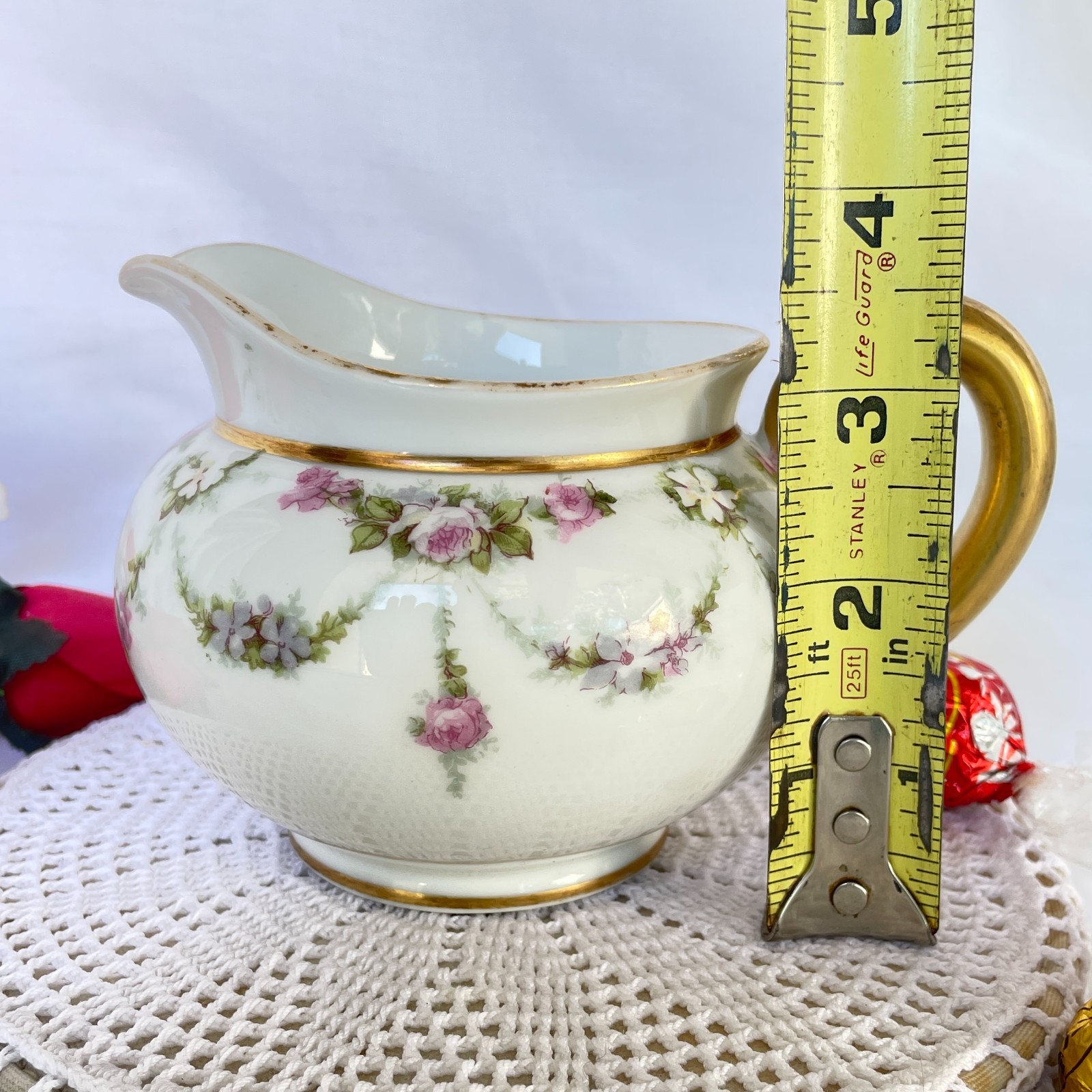 Antique D & C France White Porcelain Rose Garland Gold Handle Creamer