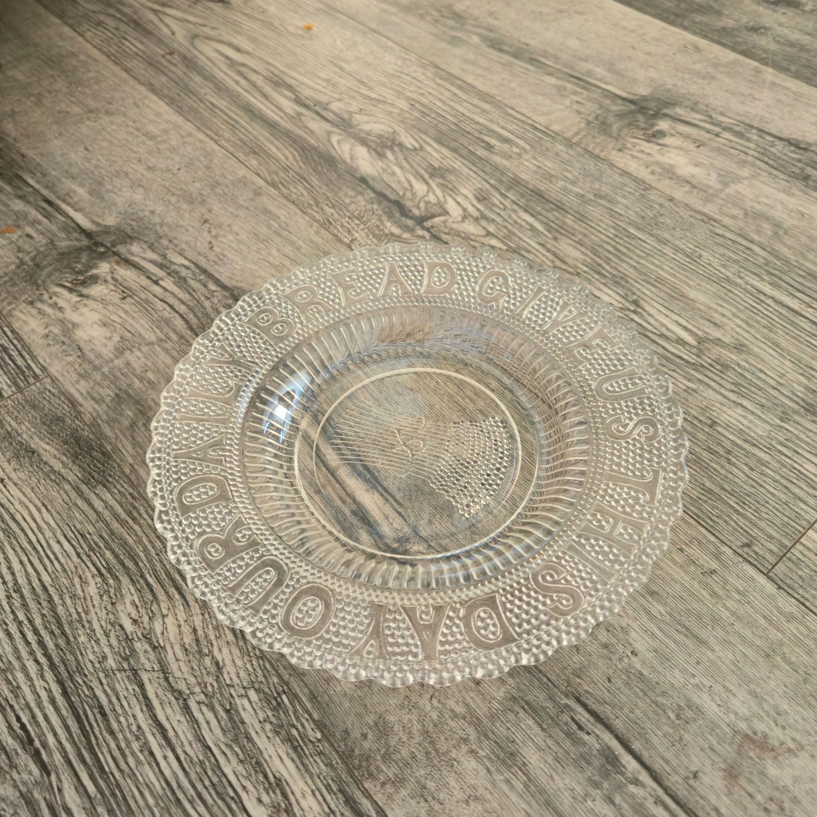 Antique EAPG Bread Plate Give Us This Day Our Daily Bread Glass Decor Religious