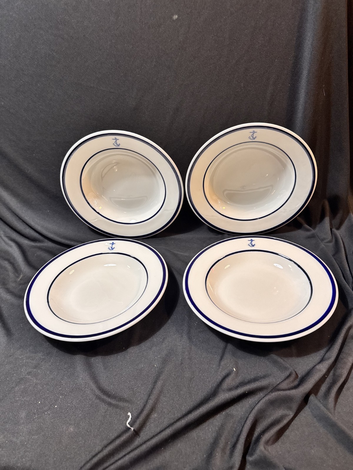 4 Vtg US Navy Blue Anchor Jackson China Restaurant Ware 9″ Pasta Bowls Nautical