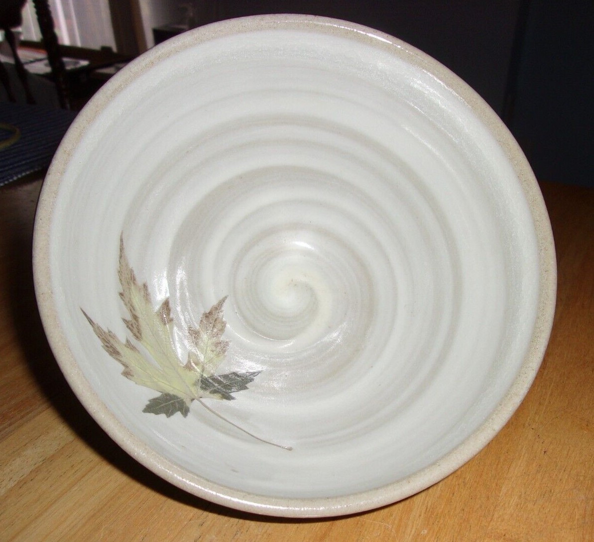Signed Art Pottery Bowl Blue Gray Drip Glaze Tan Swirl & Leaf Inside
