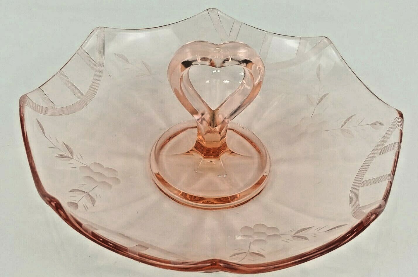Pink Depression Etched Heart Shaped Handle Candy Dish Compote
