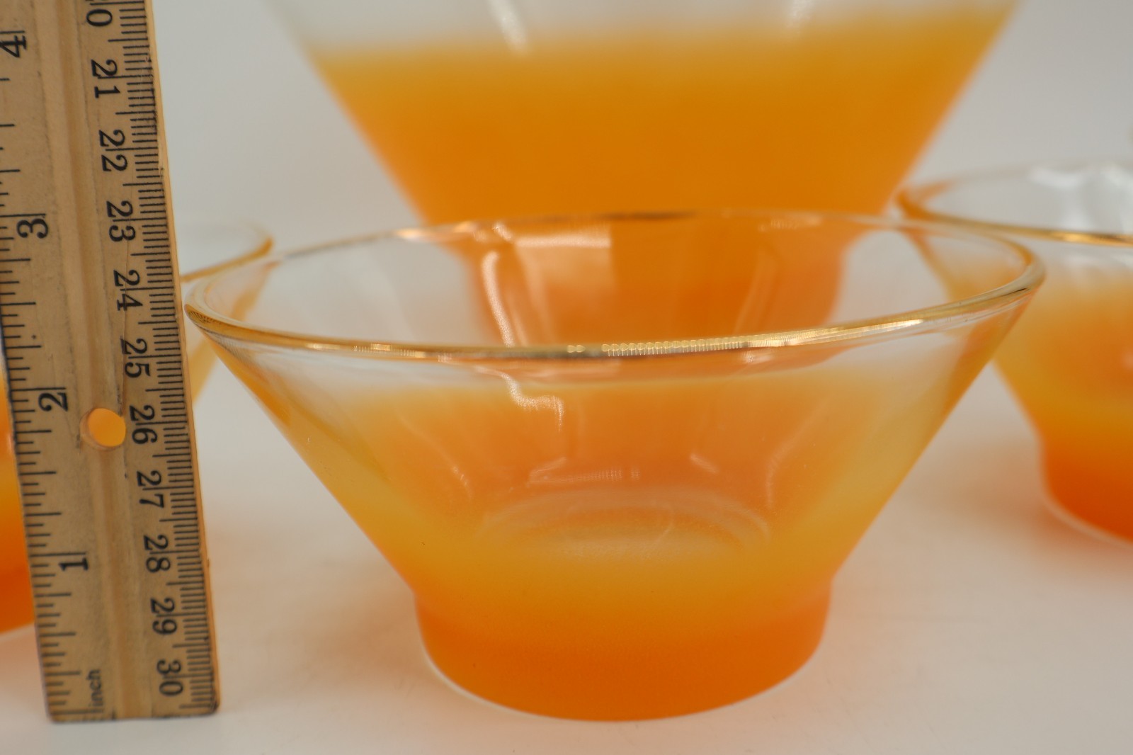 Blendo Frosted Ombre Frosted Glass Gold Trim Serving Bowl & 4 Small Bowls USA
