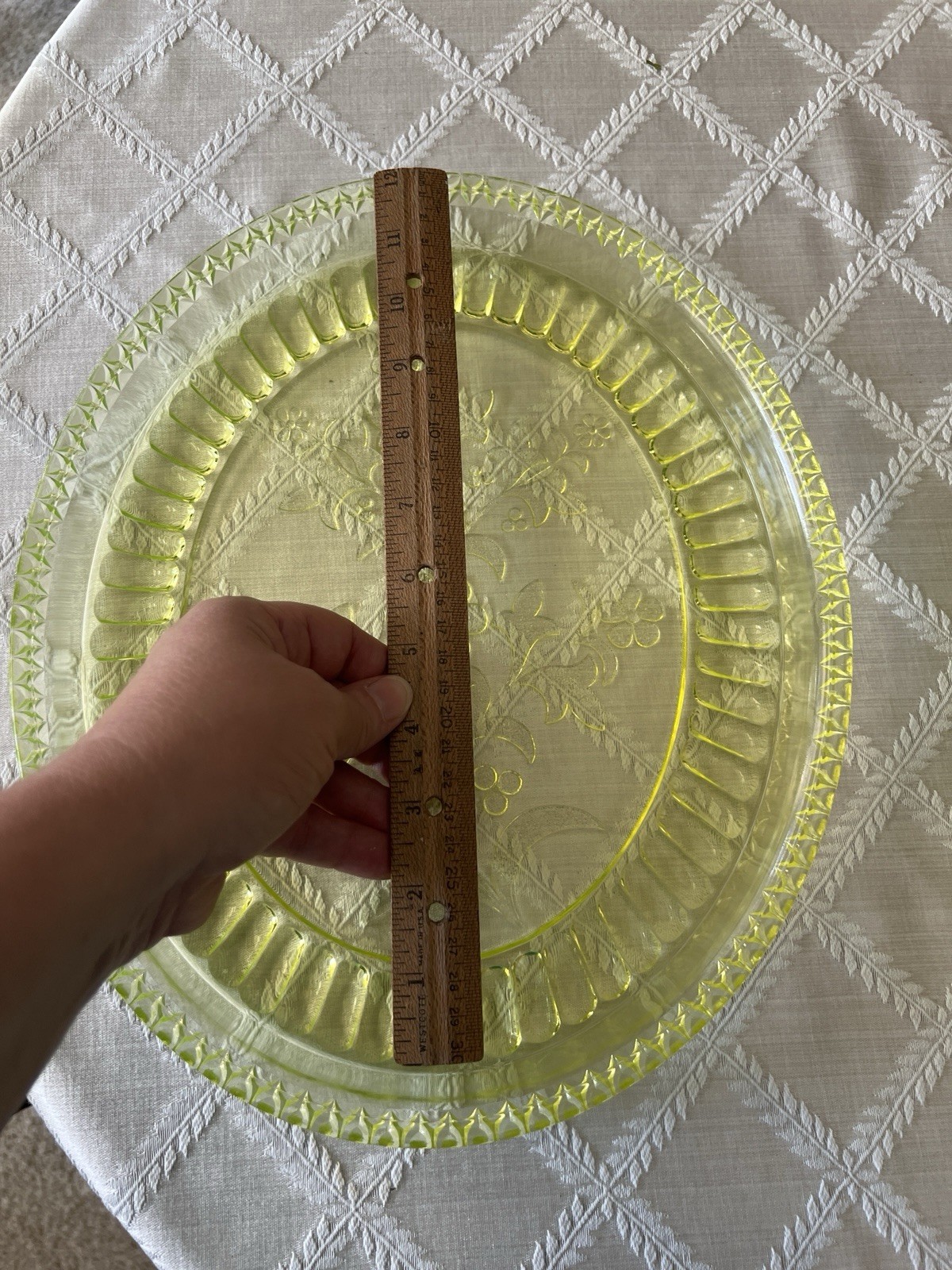 EPAG Adams & Co Vaseline Glass Oval Platter. Wildflower Pattern.
