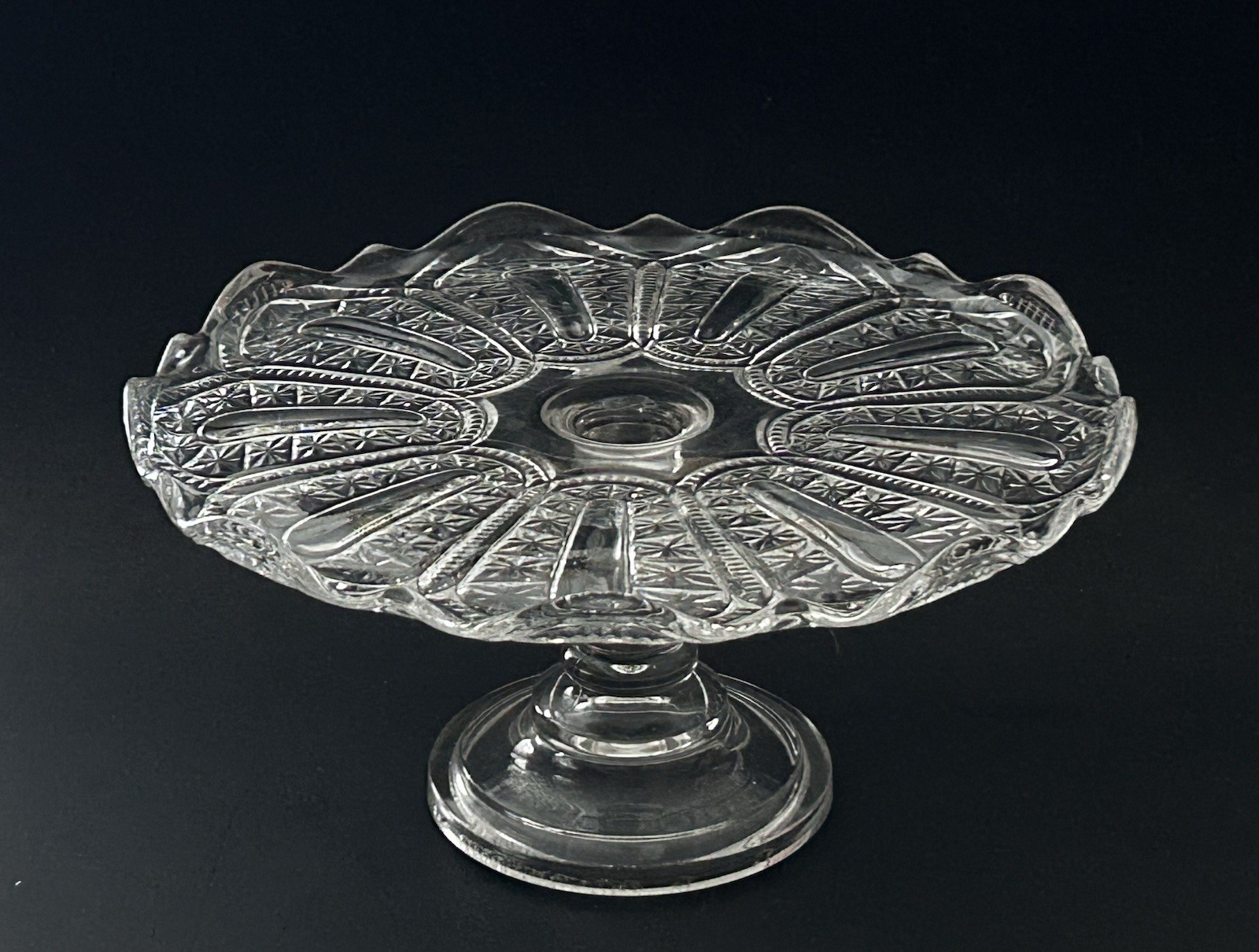 EAPG Bryce Walker & Co Jasper Late Buckle Pedestal Cake Stand Clear Glass 10”