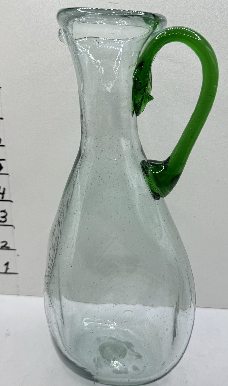 Old Art Deco Hand Blown Glass Pitcher Asymmetrical Sides Almost 10” Tall
