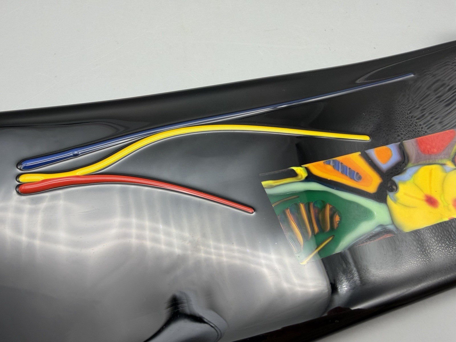Black Art Studio Fused Glass Colorful Abstract Floral Sushi Handled Tray Signed