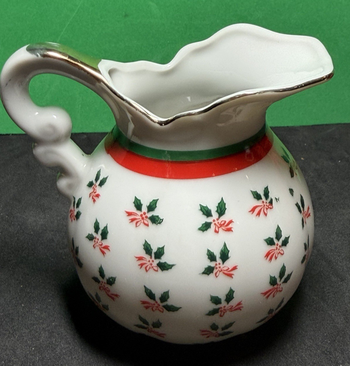3 Vtg LEFTON Holly & Poinsettia Mini Pitcher Creamer and Basket Christmas Flower
