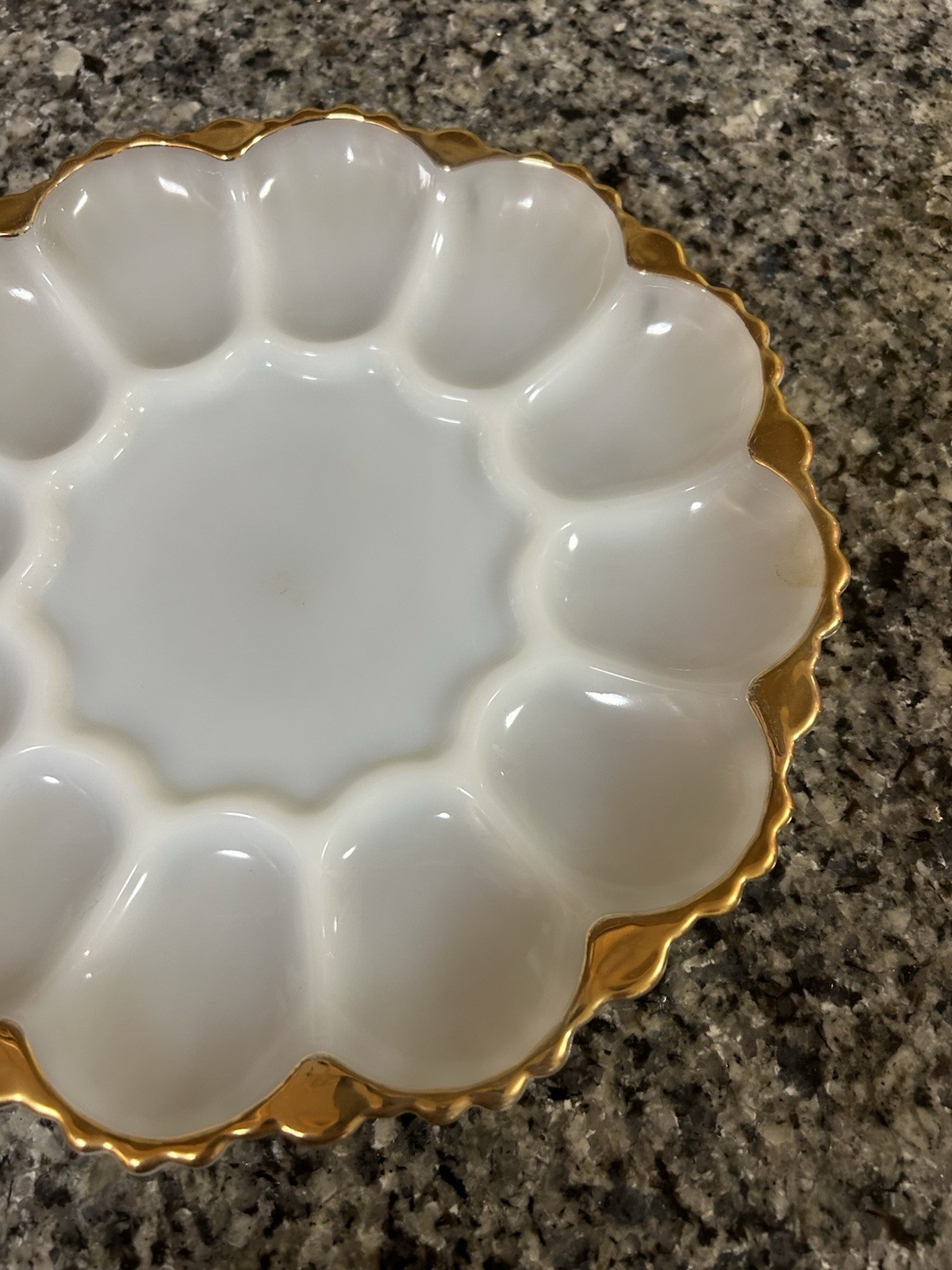 VTG 1950-1959 MCM Anchor Hocking Milk Glass Deviled Egg Plate W/Gold Rim