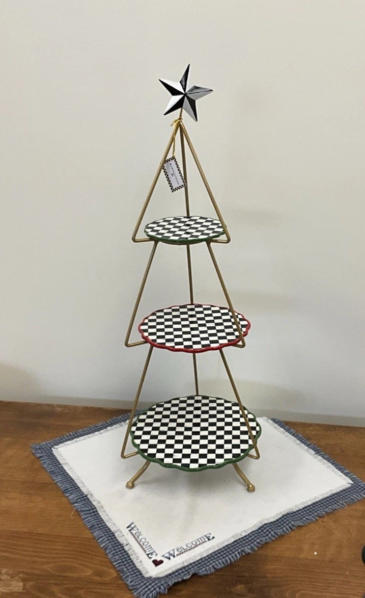 Mackenzie Childs Check It Out Three Tiered Plate Stand Tray Courtly NEW!