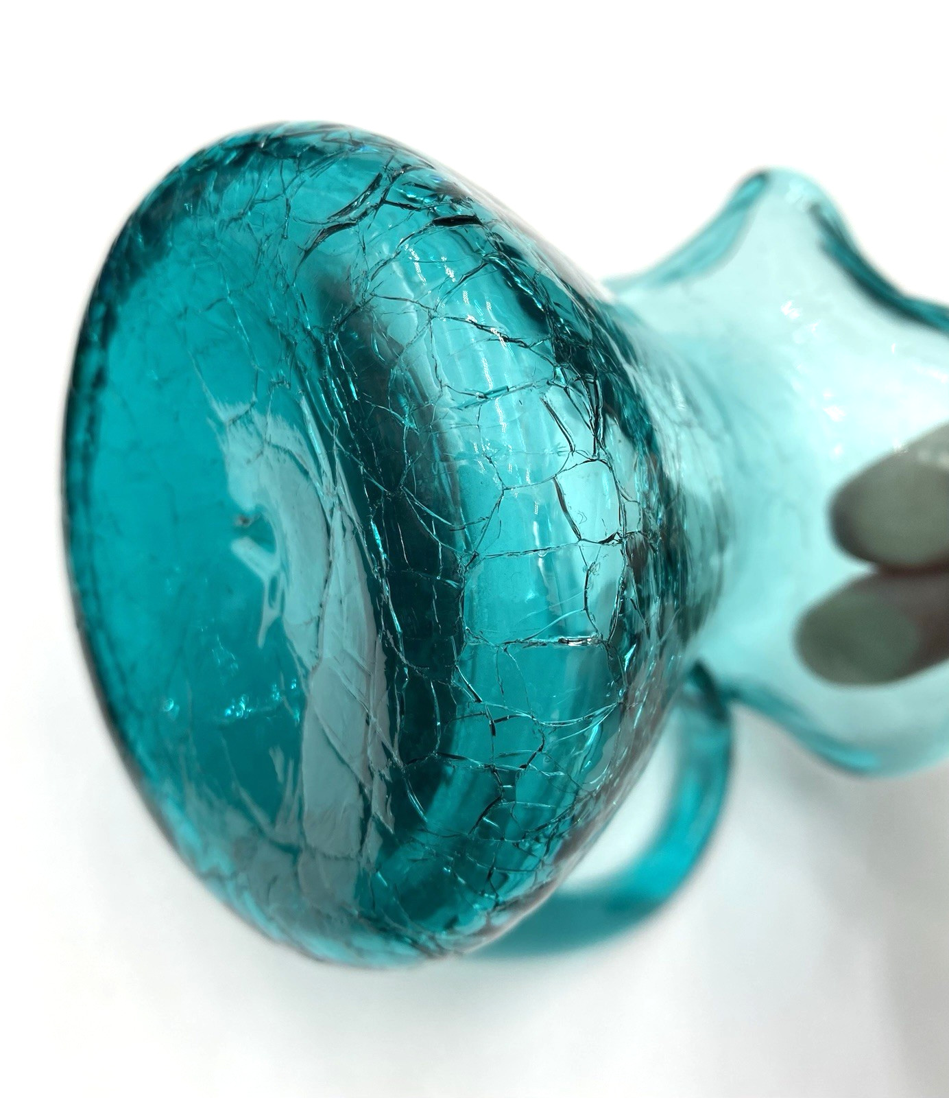 Vintage (1960s) MCM Rainbow Glass Co. Crackle Glass Pitcher, Teal, 4.25″ Tall