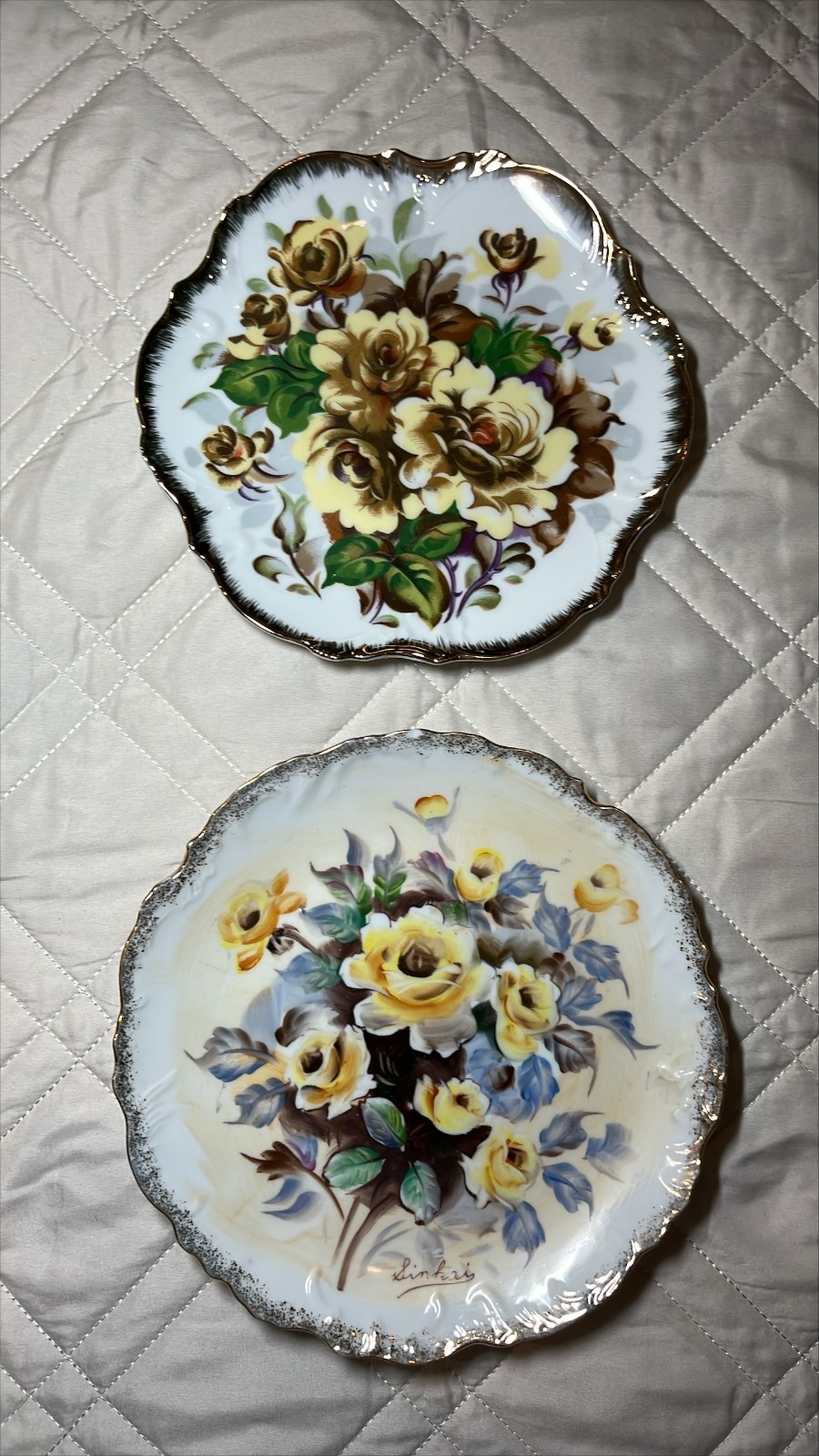 Lot of 2 VTG Brown & Yellow Roses painted & transfer Plates Curated Wall Décor