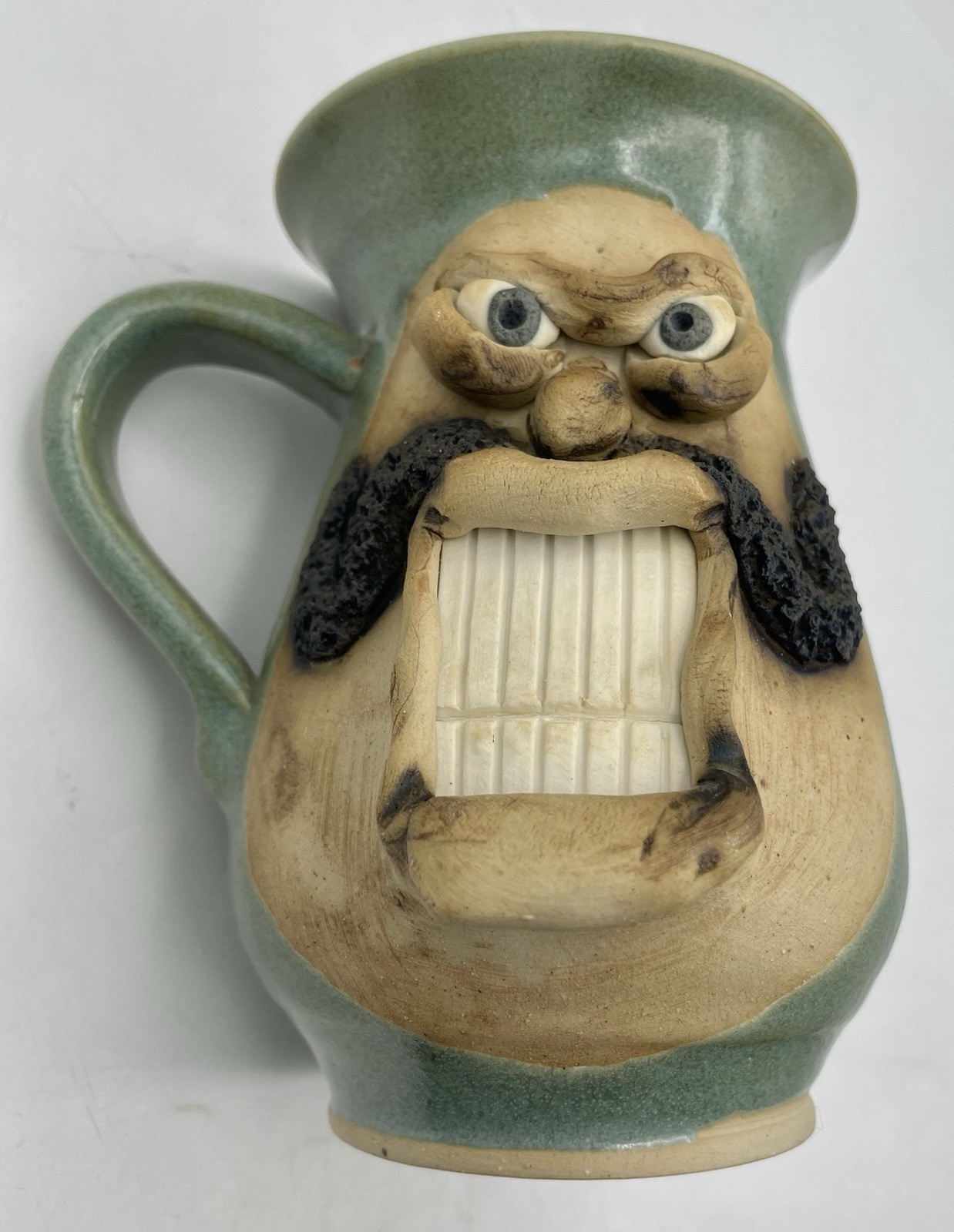 Ugly Funny Pottery 3D Face w/ Mustache Bared Teeth Coffee Mug Cup Signed