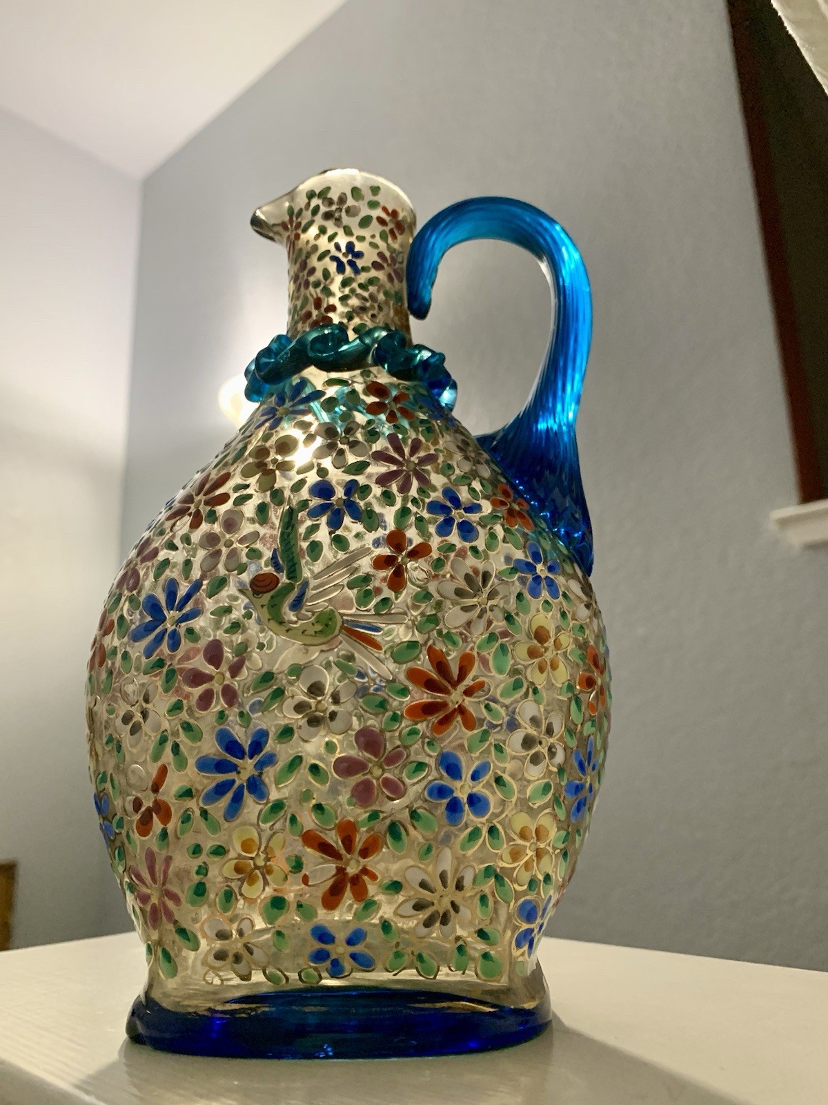 Vintage Rare Moser Hand Painted Multicolor Floral Art Glass Pitcher with Handle
