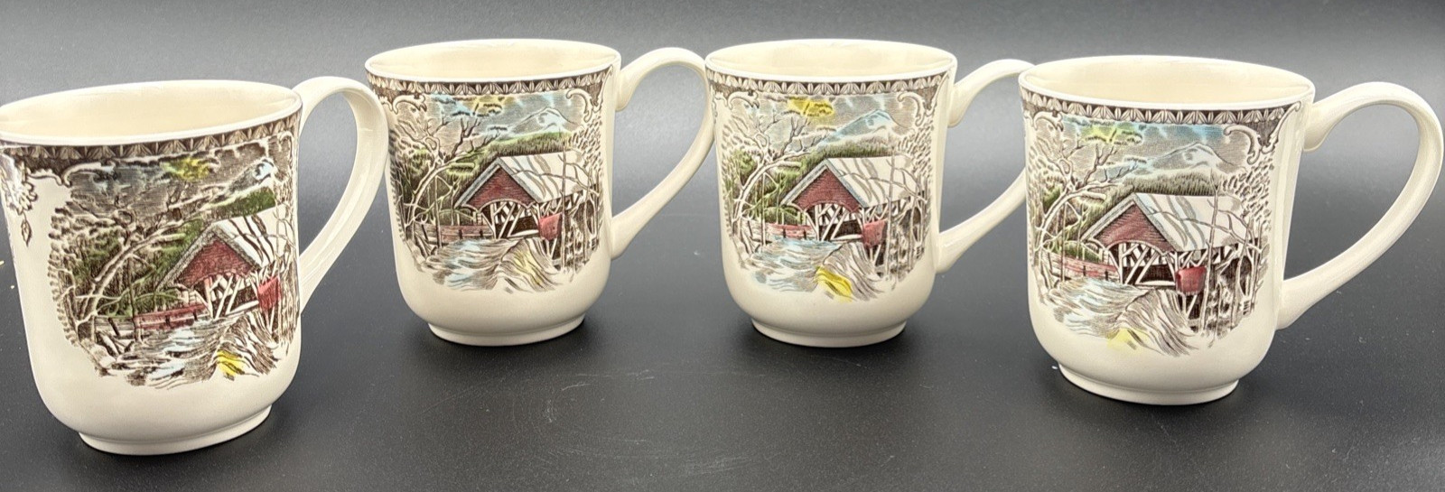 Johnson Bros China The Friendly Village Covered Bridge 4 Lot Coffee Mugs England