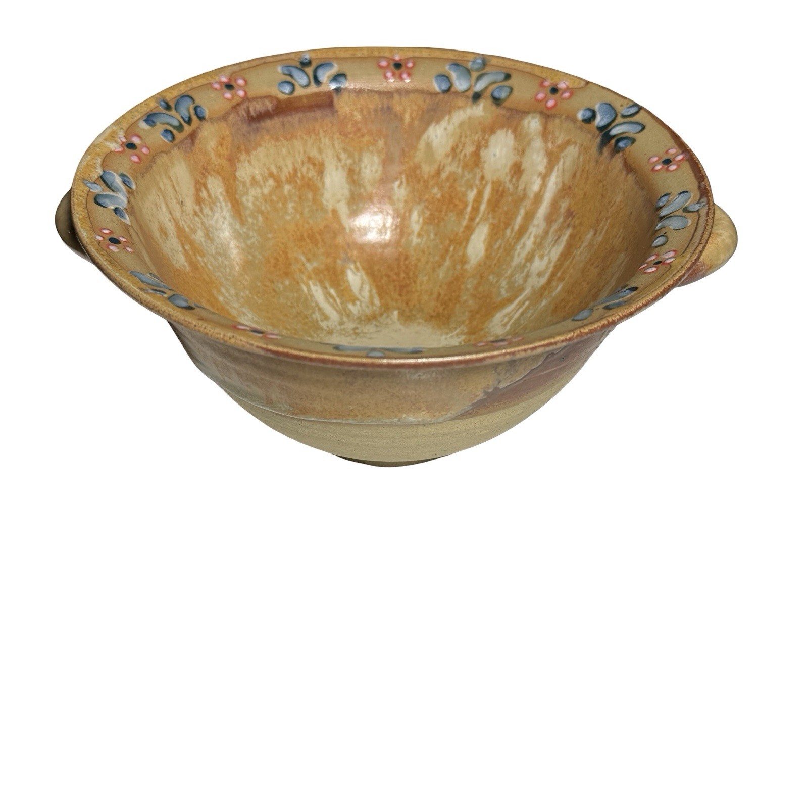 Handmade Earthenware Bowl Art Pottery Ceramic 6 1/2″ USA Handles Thin Floral