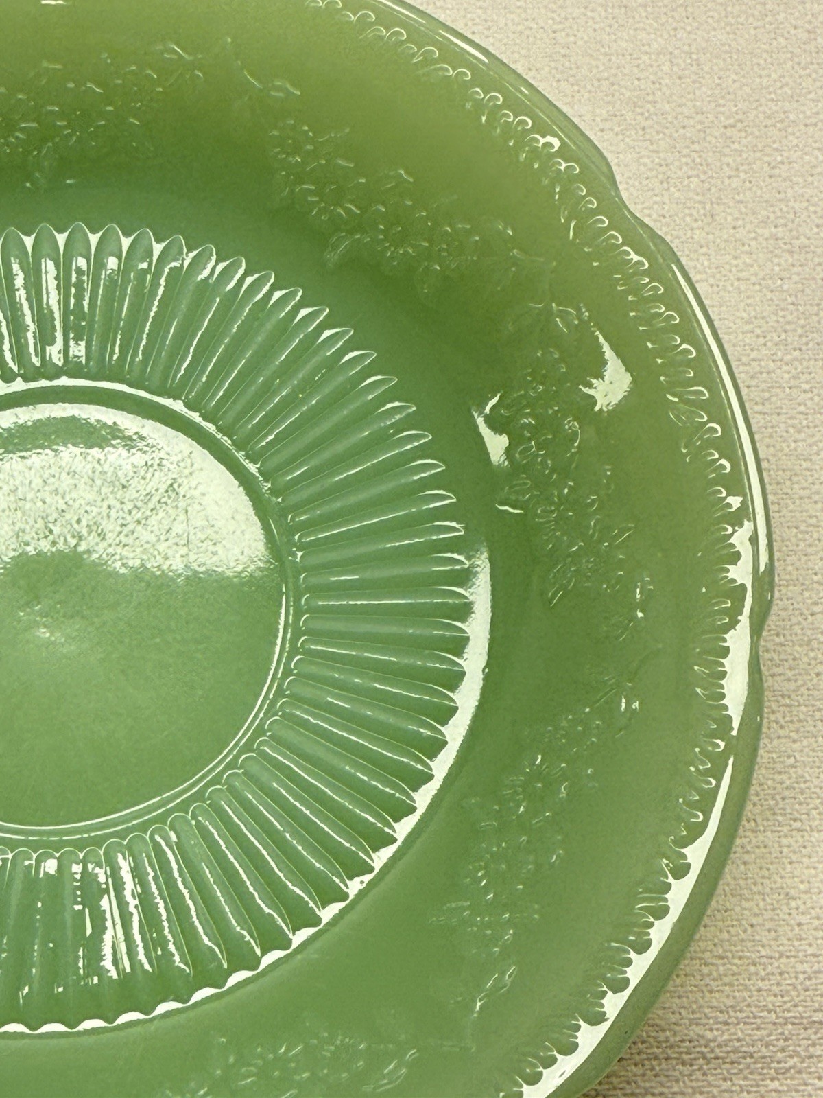 Vintage Fire King Jadeite Alice Saucer Plate 6″ Floral Scalloped Edge Unmarked