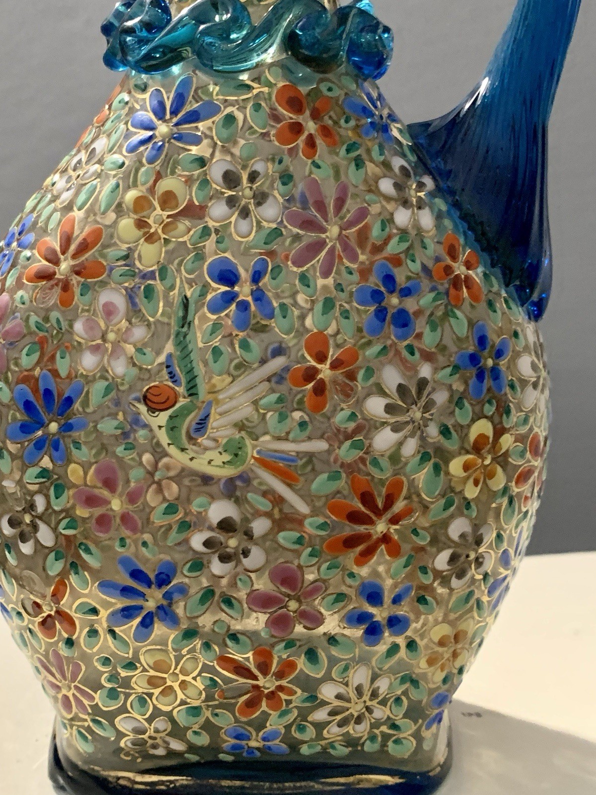 Vintage Rare Moser Hand Painted Multicolor Floral Art Glass Pitcher with Handle