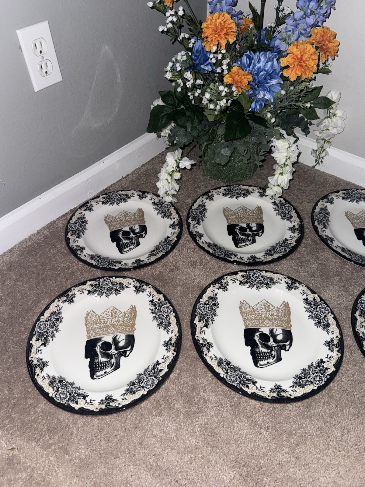 Set/6 Royal Stafford England Halloween Royal Skeleton W/ Crown 11″ Dinner Plates