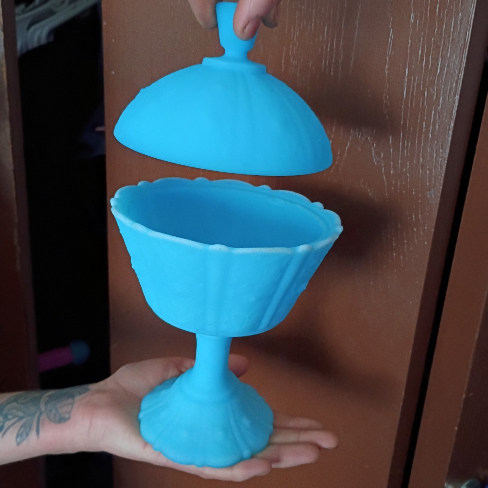 Fenton Blue Glass Compote Pedestal Bowl with Lid Decorative Round Two-Piece Set