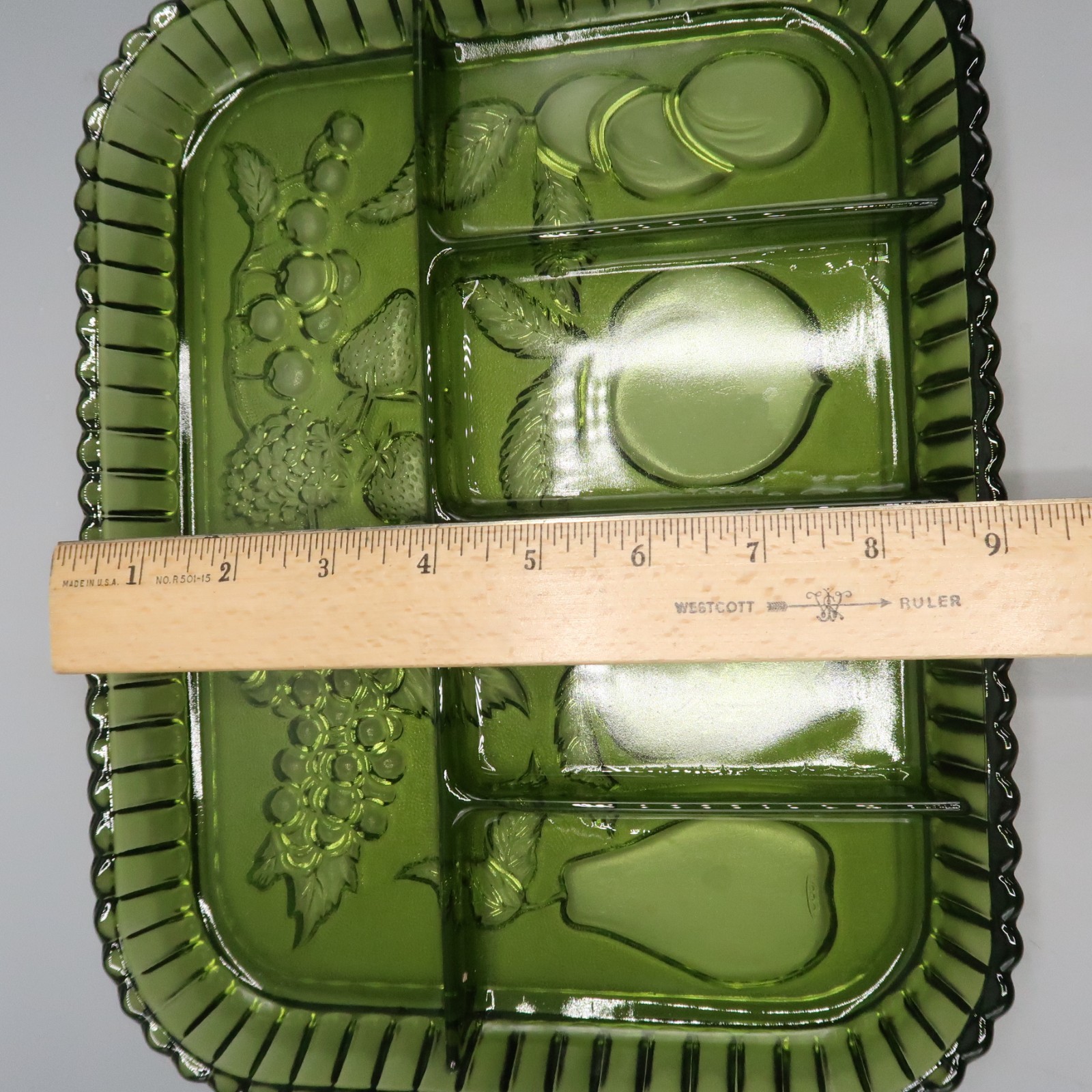 Green Glass 5 Divided Server Nut Relish Candy Tray Indiana Glass Co. MCM
