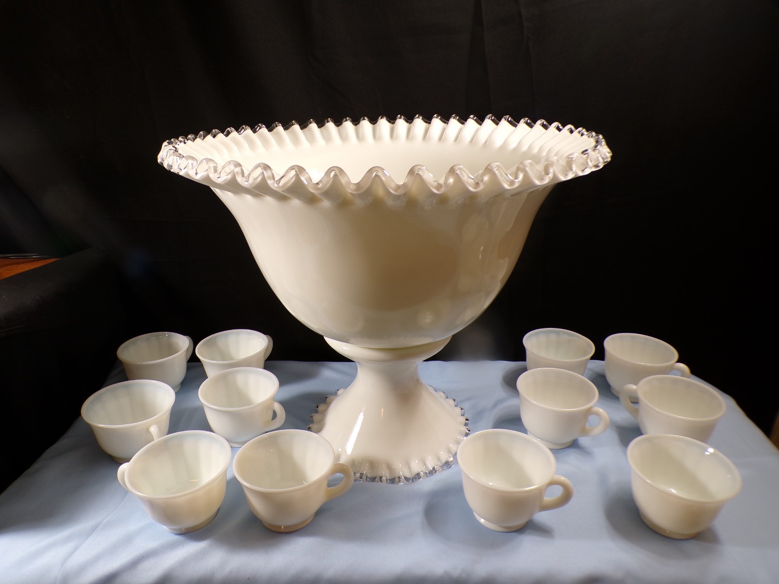 Very Large Fenton Milk Glass Silver Crest Punch Bowl Set w/ Stand & 12 Cups