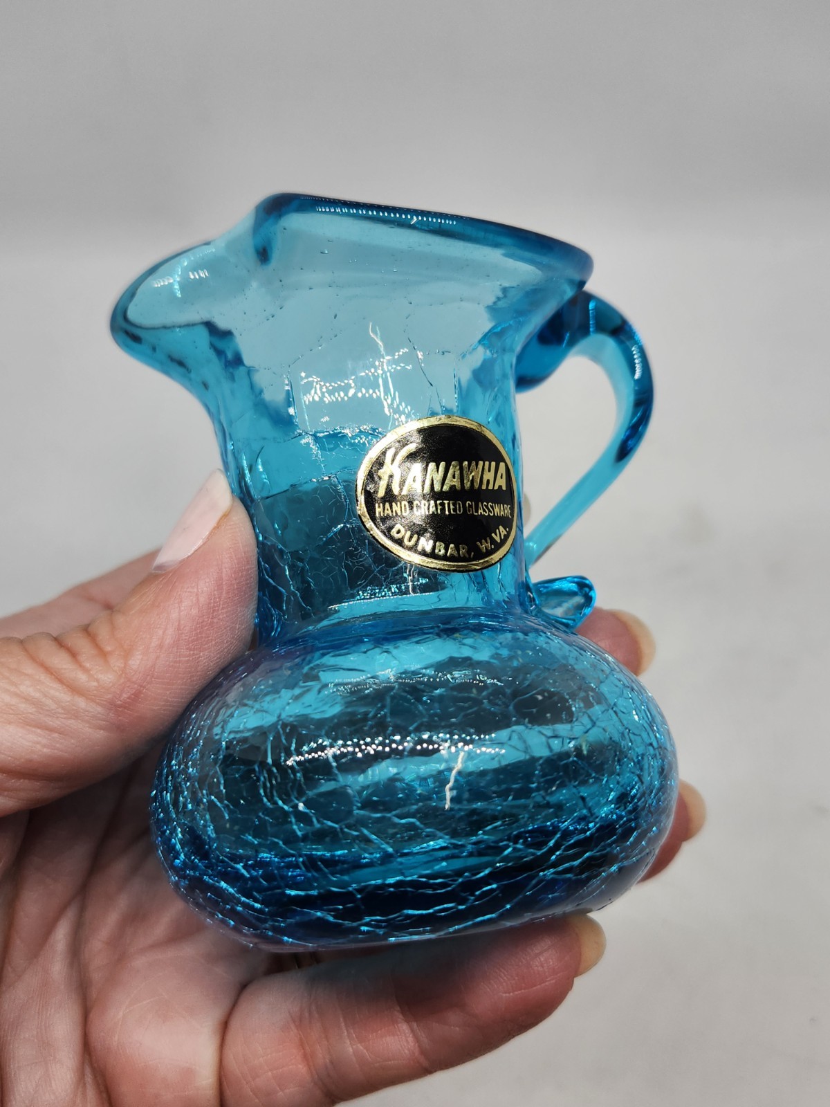 Vintage Kanawha Blue Crackle Glass Creamer Pitcher 3 Inches Glows!