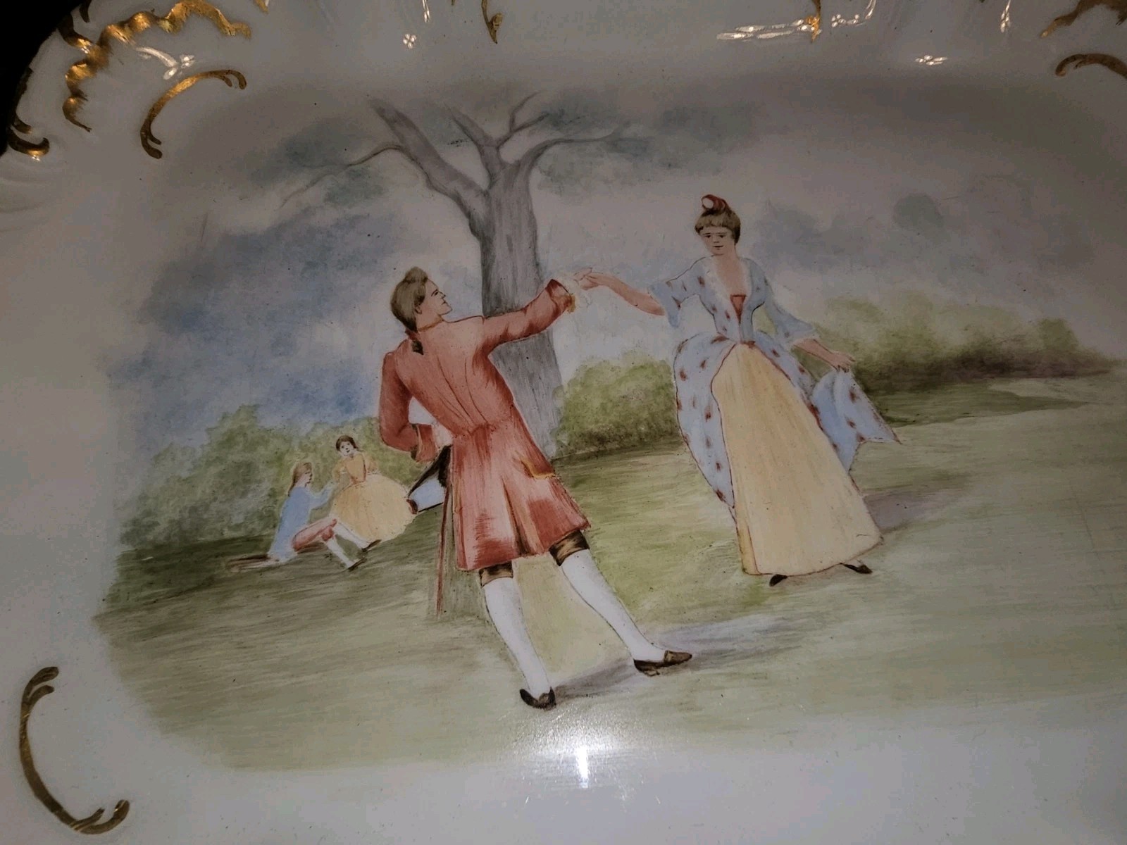 Limoges CFH GDM Hand Painted 11″ Handled Tray Courting Scene 1893 Gilt Antique