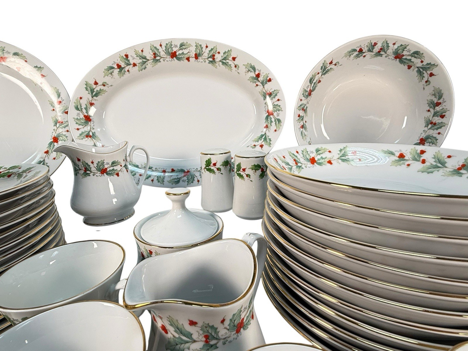 82pc China Pearl NOEL Christmas Dinnerware Set Service for 16 Muted Black Stamp