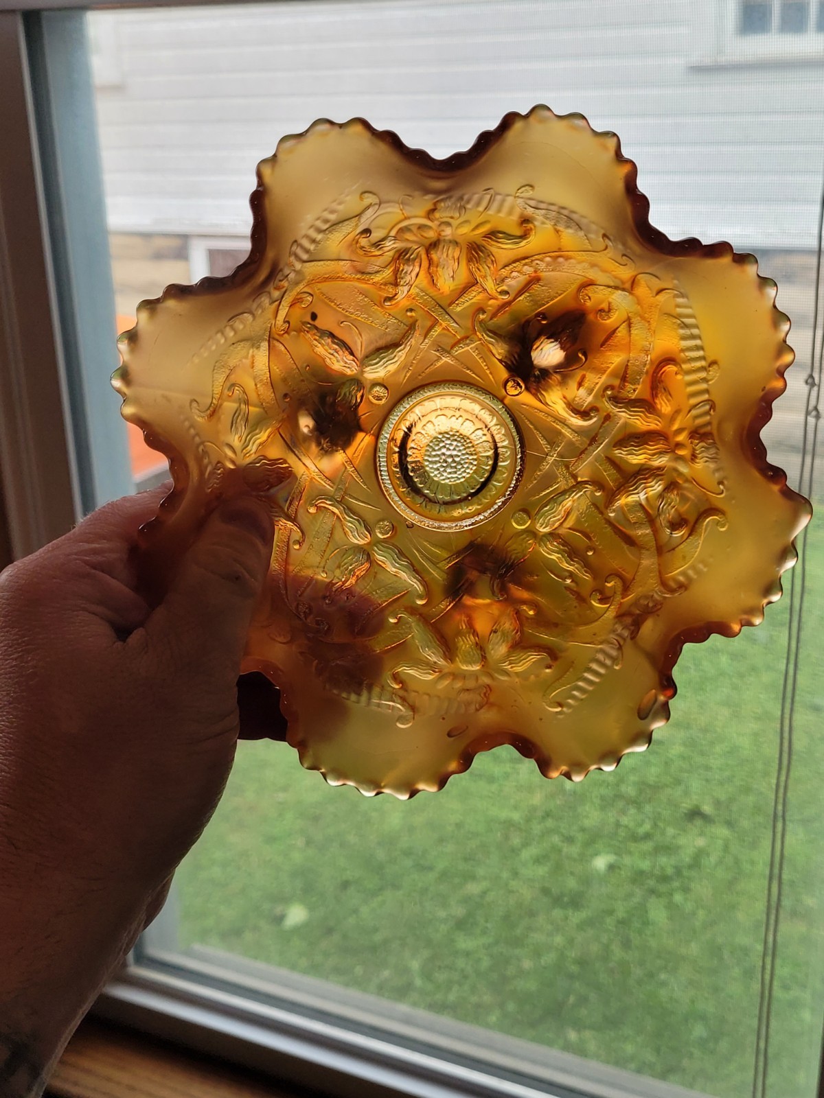 Super Pretty Marigold Northwood Carnival Glass Wishbone Bowl Ruffles n Rings EX.