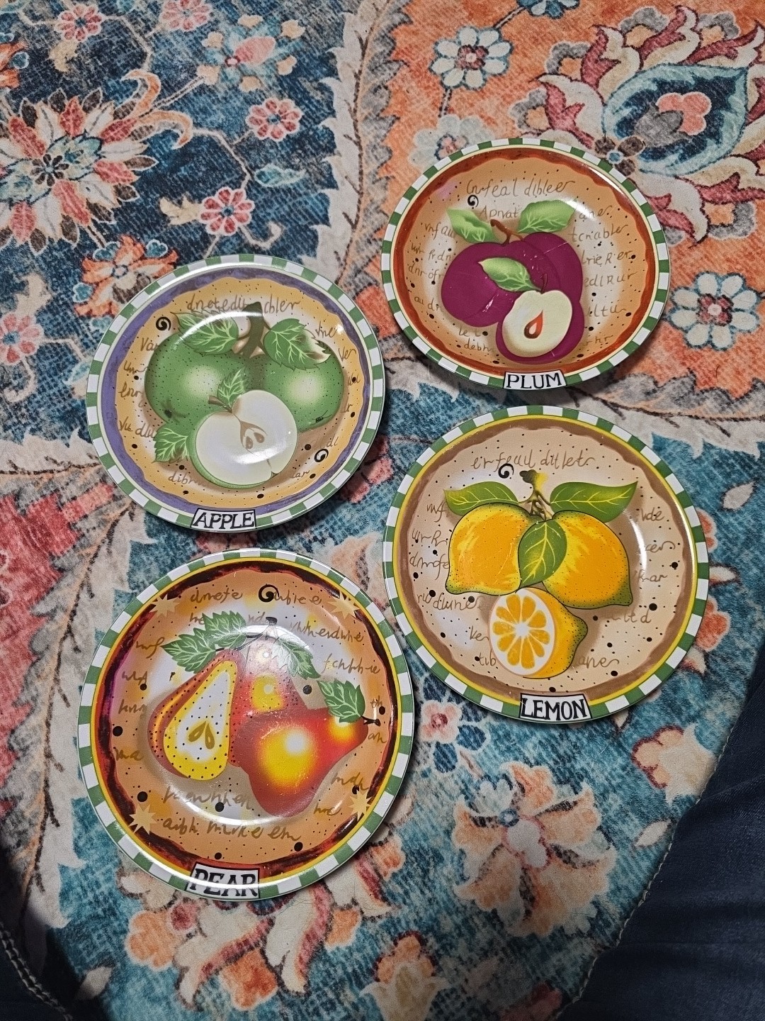 Set of 4 Salad/Dessert Plates 8″ Market Graphics,APPLE, LEMON, PEAR and PLUM