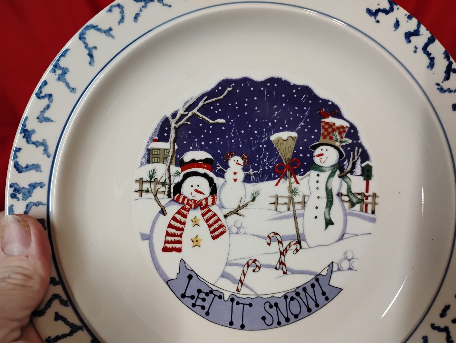 Stoneware Let It Snow 6 Piece Dinner Set Green Sponge Rim