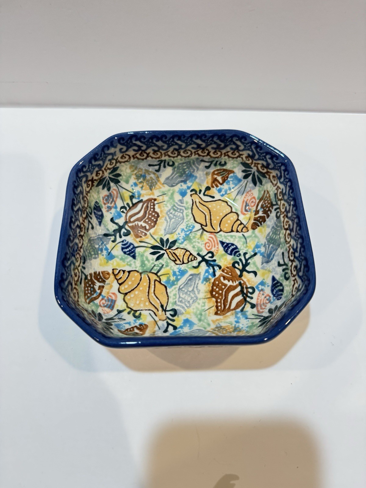 Unikat 1899 Poland Pottery Square Bowl Dish Seashell Waves 5″ D Skiba Hand Made