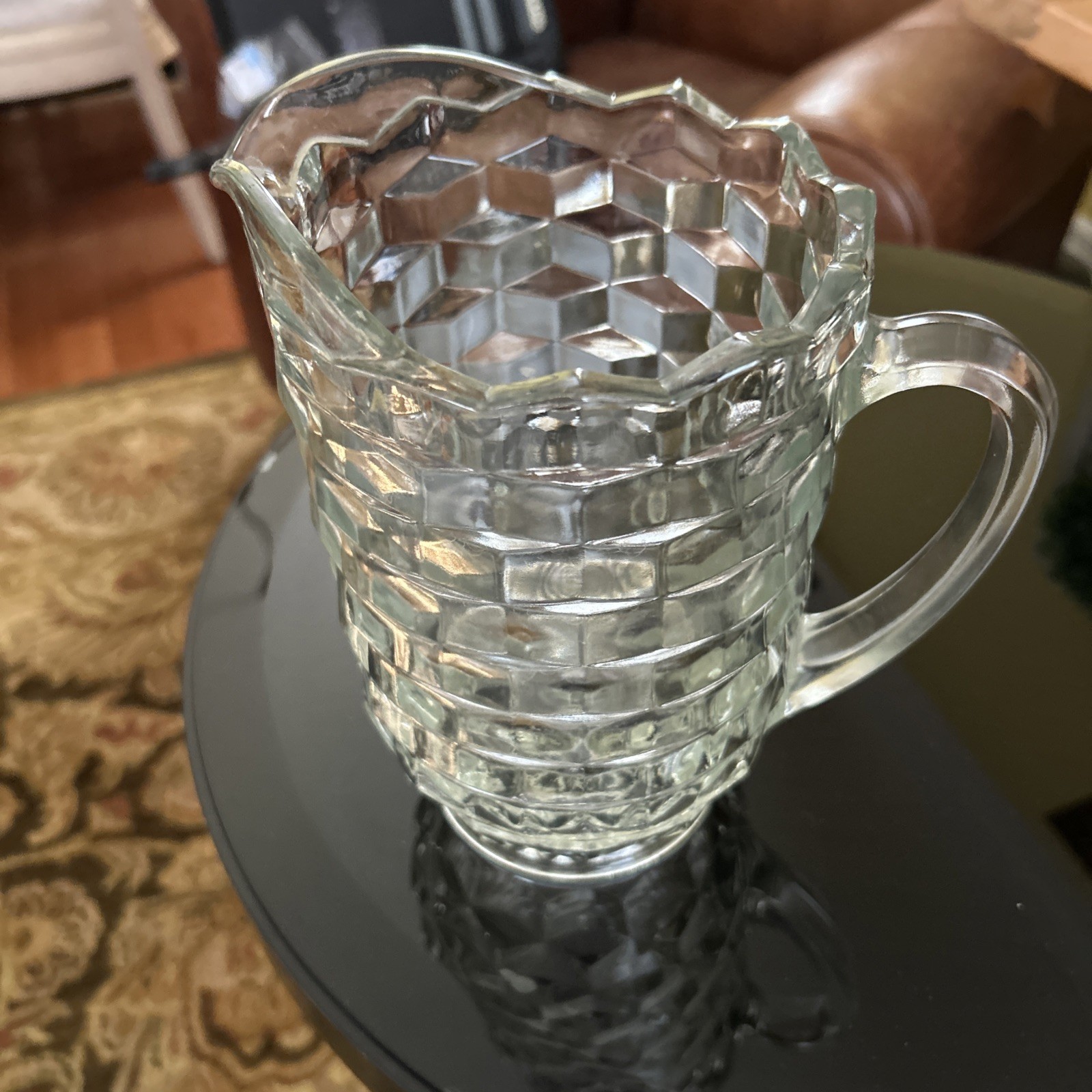 VTG FOSTORIA AMERICAN CLEAR WATER PITCHER WITH ICE LIP 8.75″ TALL EXCELLENT