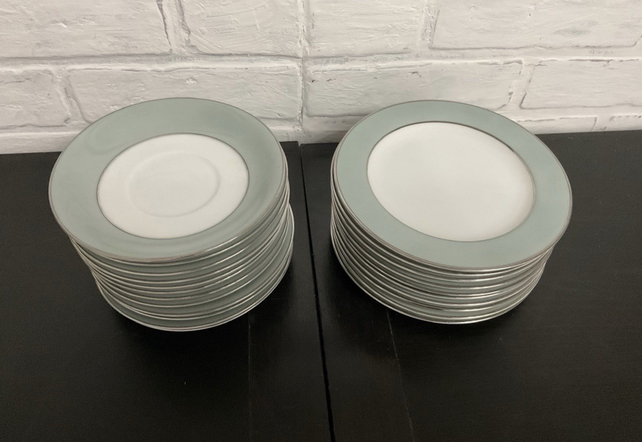 Vintage Sango Japan Sheffield Plates and Saucers Celadon Silver Rim- 22 Pc Lot