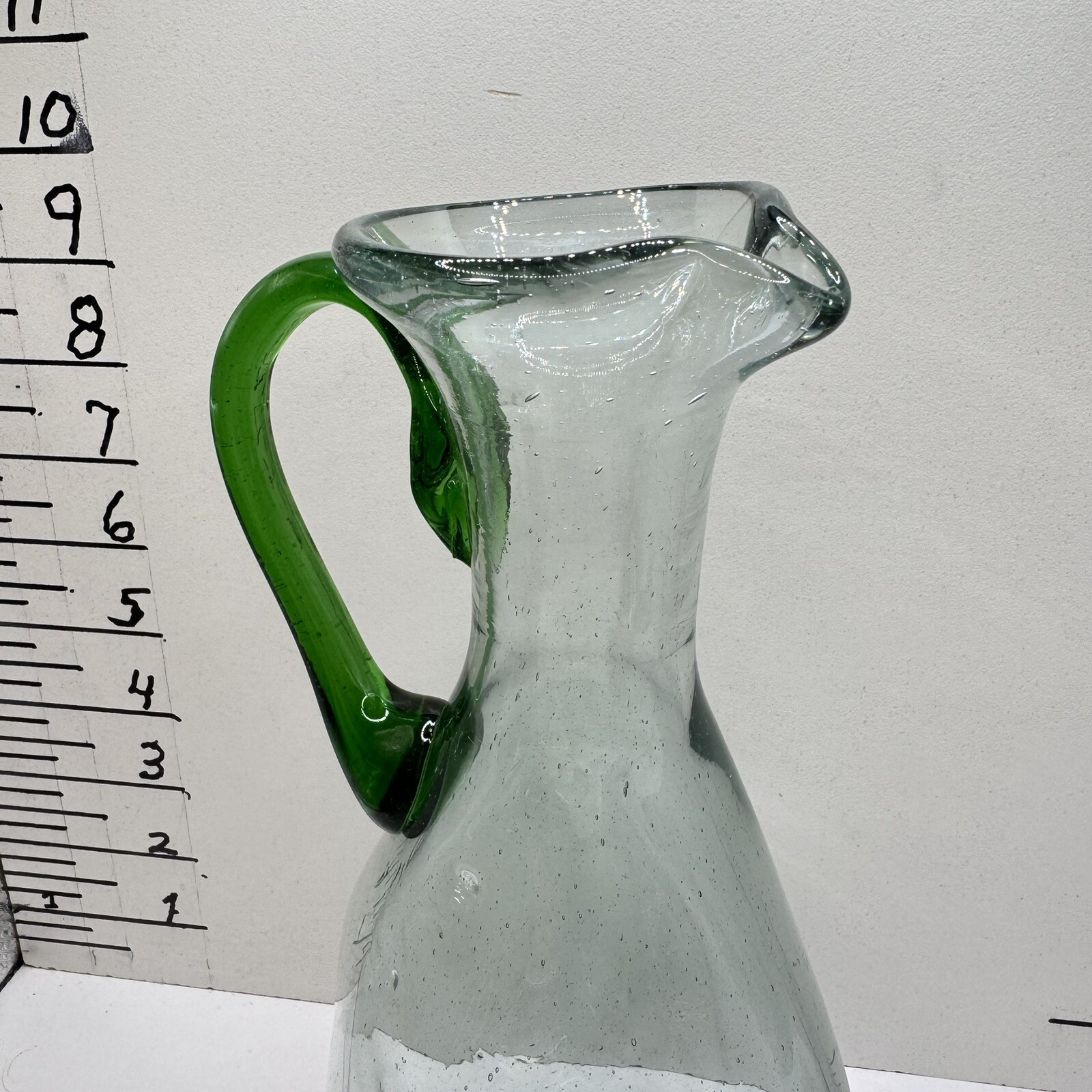 Old Art Deco Hand Blown Glass Pitcher Asymmetrical Sides Almost 10” Tall