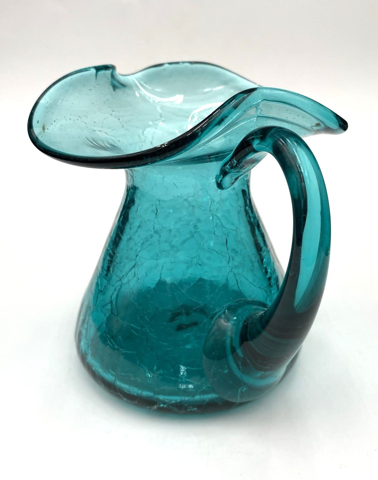 Vintage (1960s) MCM Rainbow Glass Co. Crackle Glass Pitcher, Teal, 4.25″ Tall