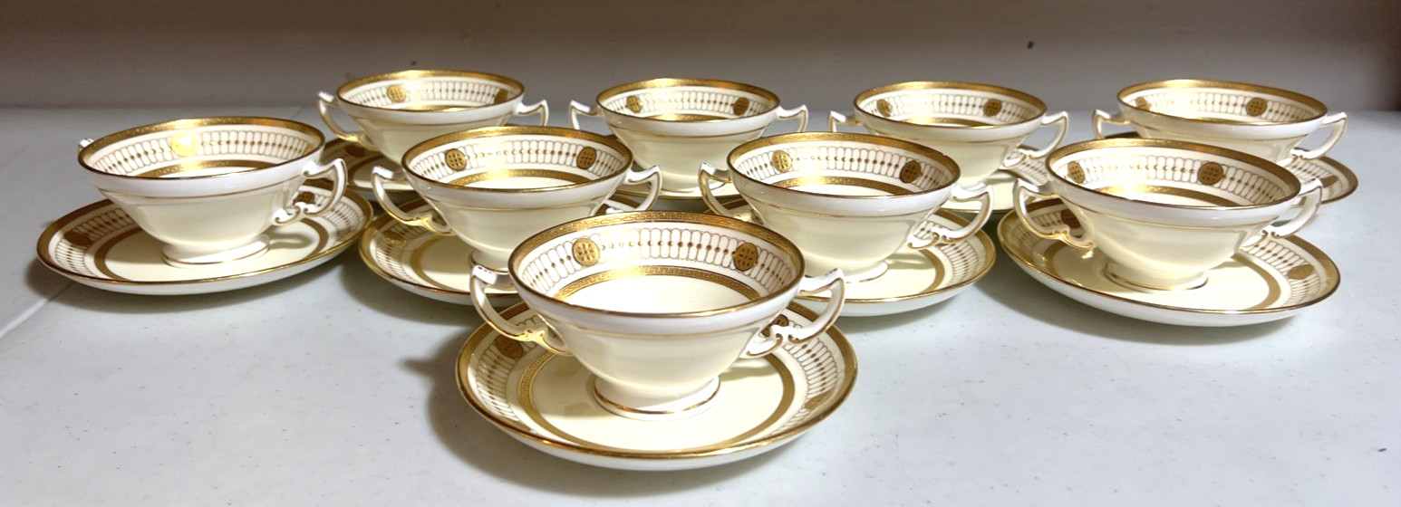 Antique Minton for Tiffany & Co. Cream Soup Bowls & Saucers 22k Gold Set of 9