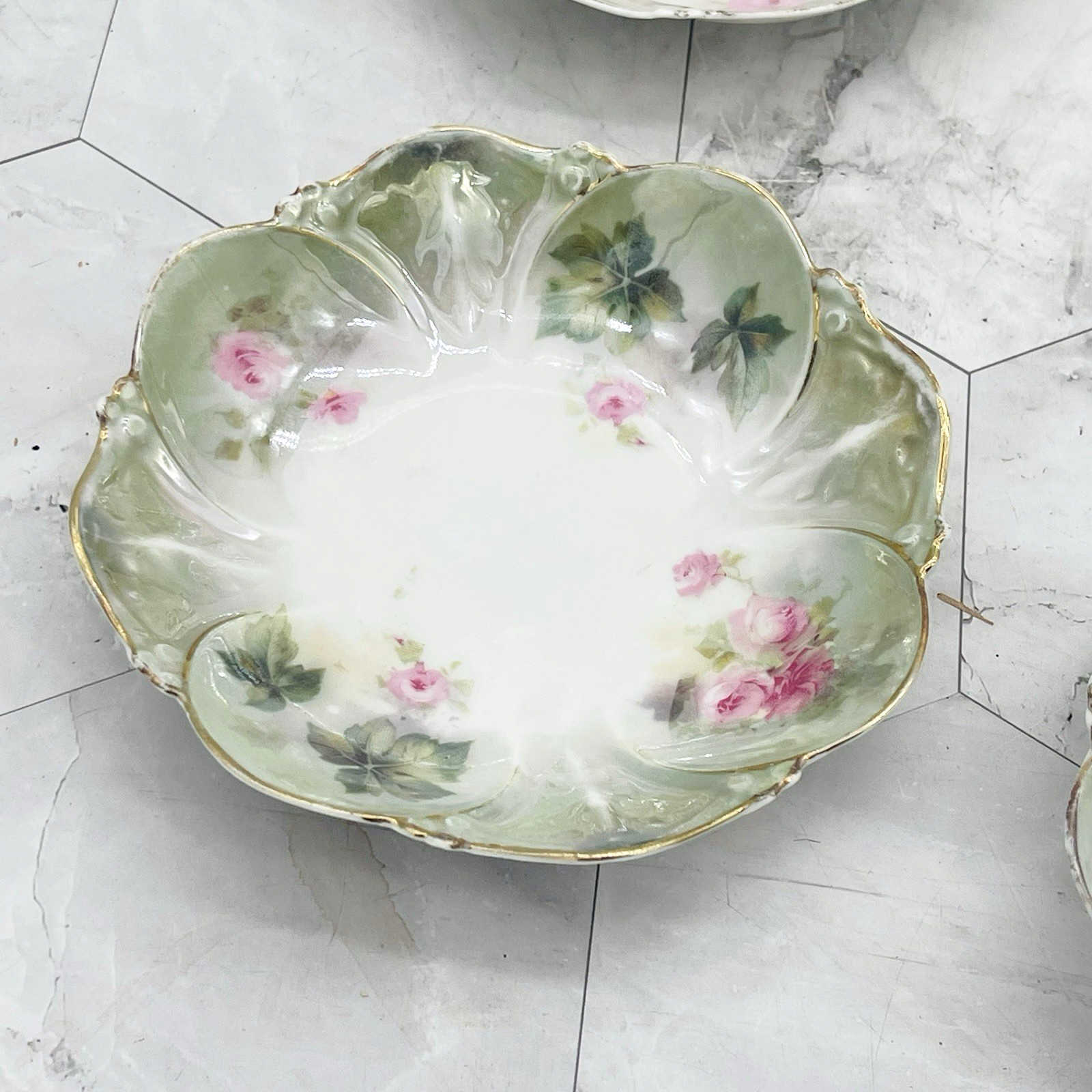 Lot of 6 Antique Signed R S Prussia Floral Berry Bowls Green Gold Rim Roses 5″