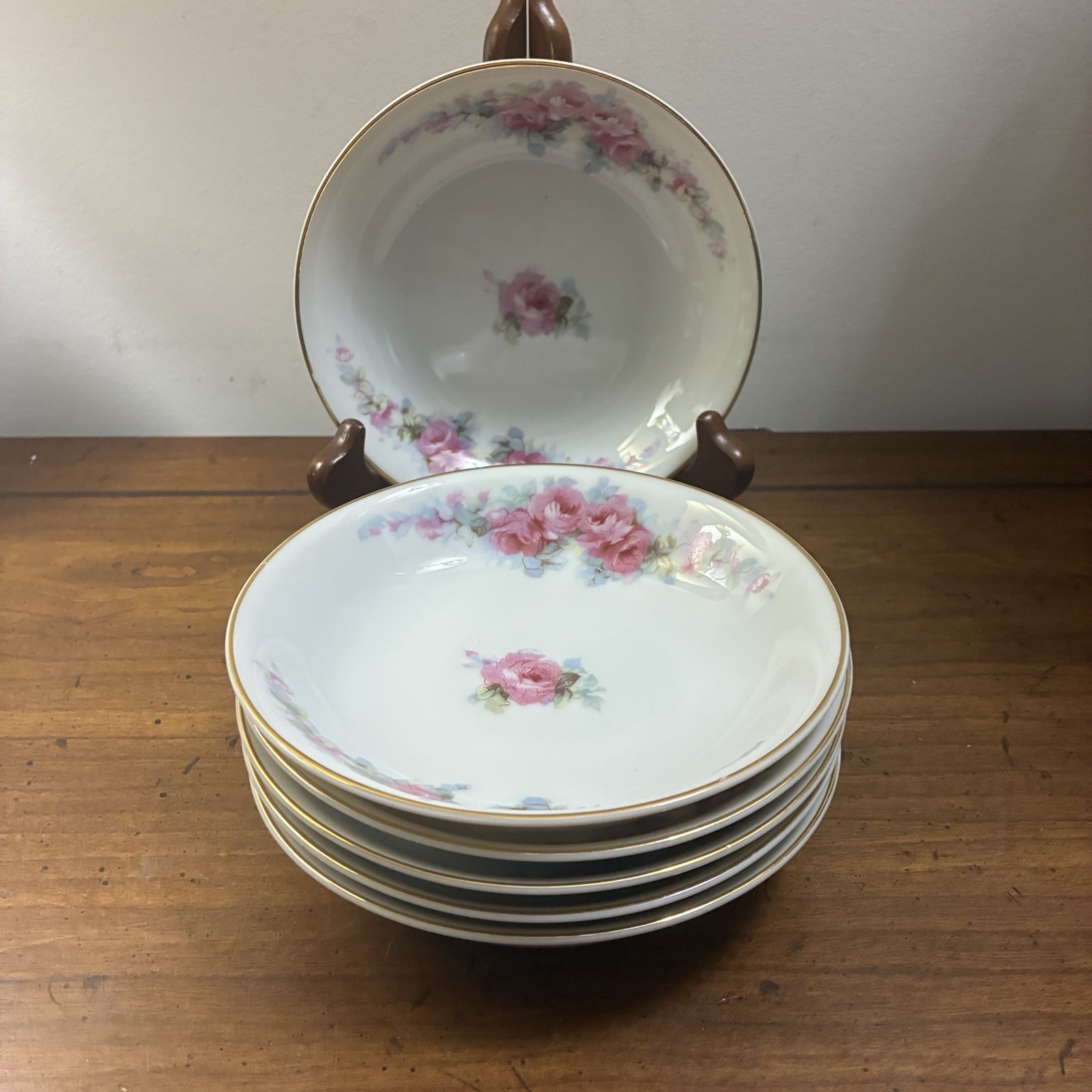 6 Vintage Fine China Corona Fruit Dessert Bowl Pink Roses Made In Occupied Japan