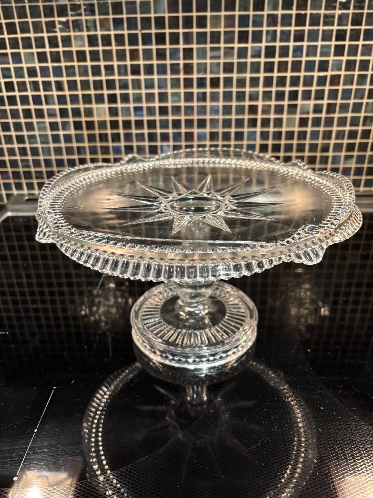 EAPG Brilliant Glass Co Pedestal Cake Stand Aurora Diamond Horseshoe Clear